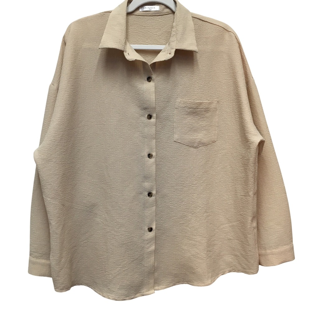 Ekouaer Button Down Large Beige Textured Oversized Stretch Office Workwear Basic